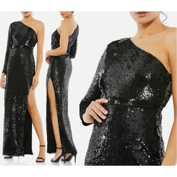 MAC DUGGAL 10788 SEQUIN‎ ONE SHOULDER HIGH THIGH SLIT GOWN BLACK NEW! - Picture 1 of 7